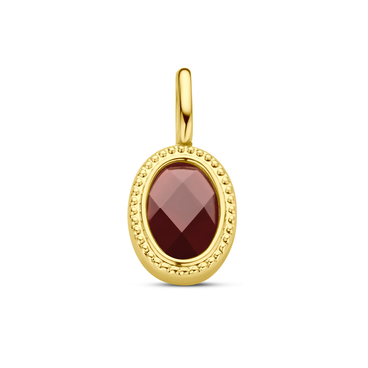 Ovale gouden hanger met rode granaat en bolletjes - 7.5 mm x 14 mm