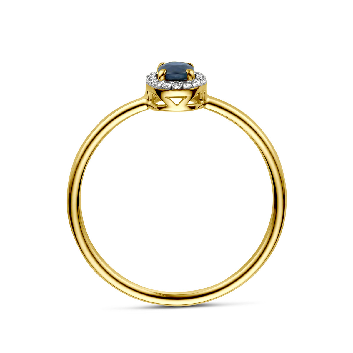 Ovale gouden ring met blauwe saffier en halo van diamanten 0.05 crt 5.5 mm breed