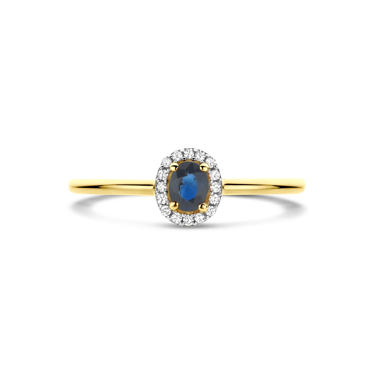 Ovale gouden ring met blauwe saffier en halo van diamanten 0.05 crt 5.5 mm breed