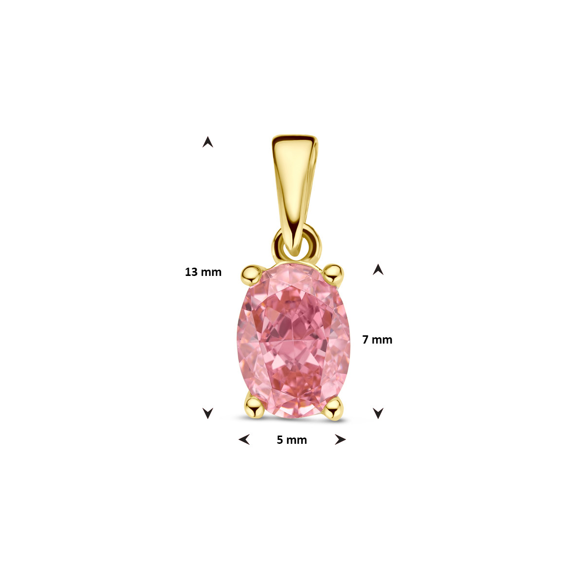 Ovale hanger met roze/oranje zirkonia - Hoogte 13 mm