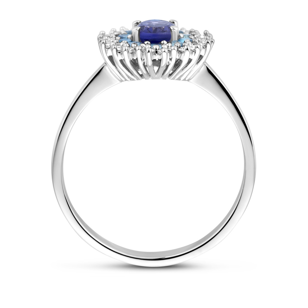Ovale witgouden ring met diamanten 0.15 crt london blue topaas en ioliet 13 mm breed