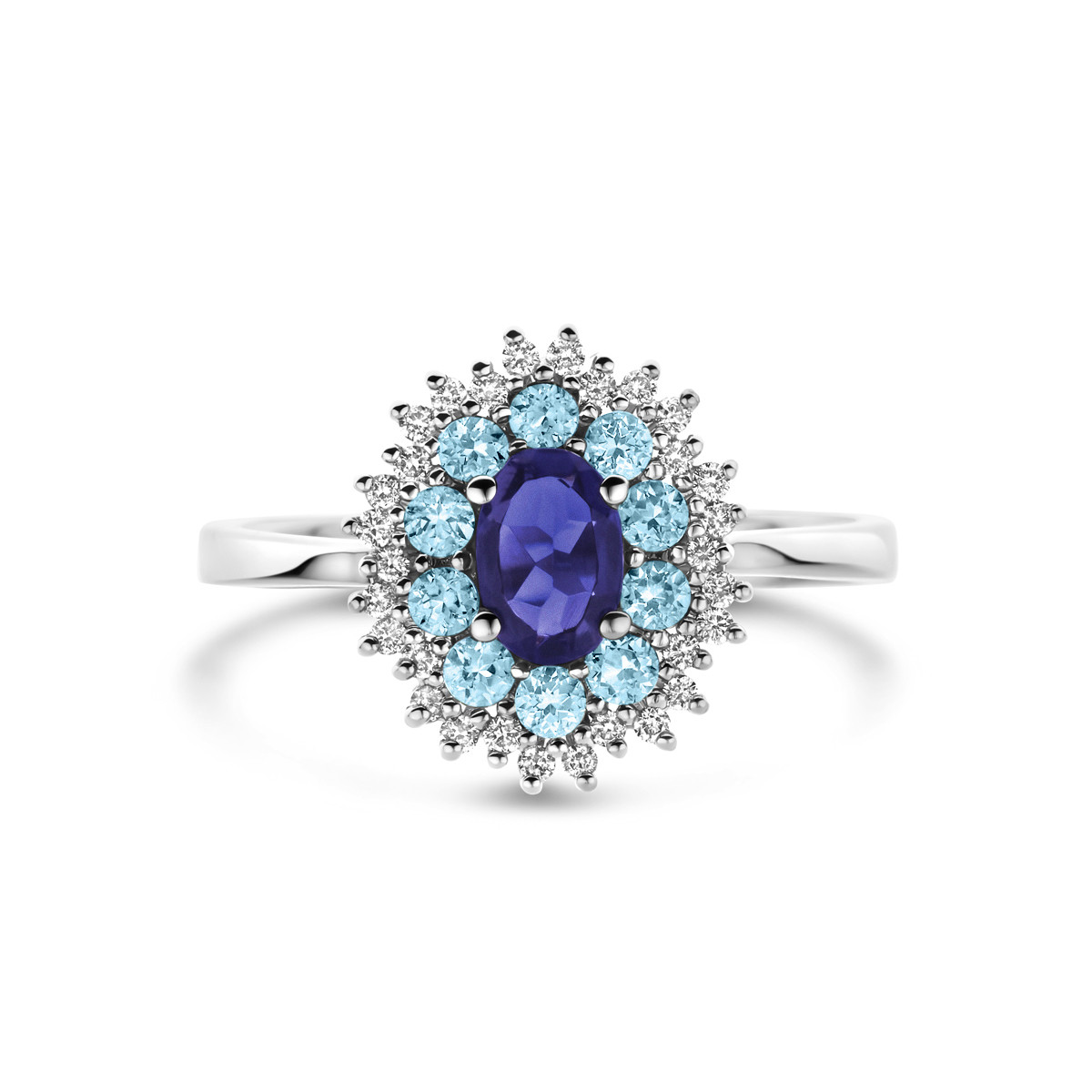 Ovale witgouden ring met diamanten 0.15 crt london blue topaas en ioliet 13 mm breed