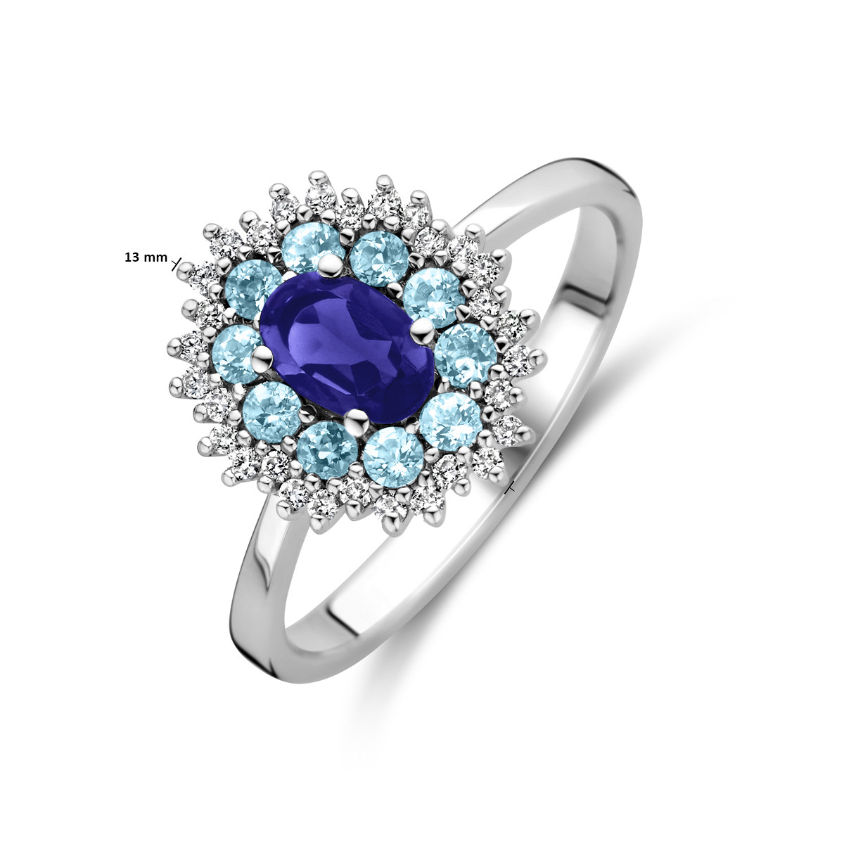 Ovale witgouden ring met diamanten 0.15 crt london blue topaas en ioliet 13 mm breed