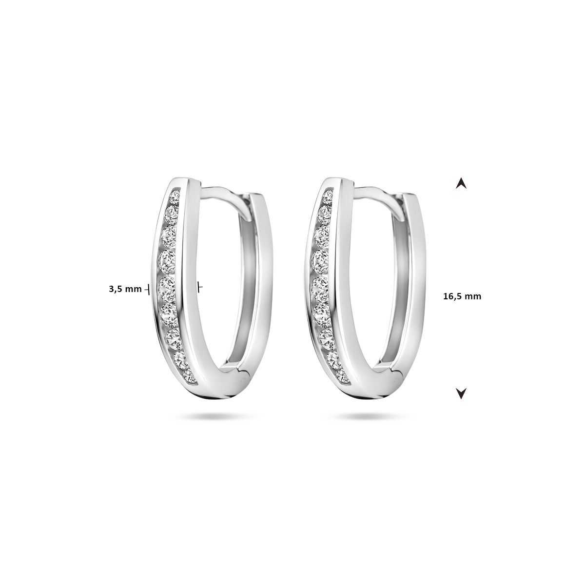 Ovale zilveren klapoorringen met een rij zirkonia's  3.5 mm - Hoogte 16.5 mm