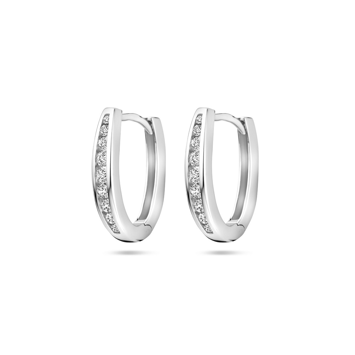 Ovale zilveren klapoorringen met een rij zirkonia's  3.5 mm - Hoogte 16.5 mm