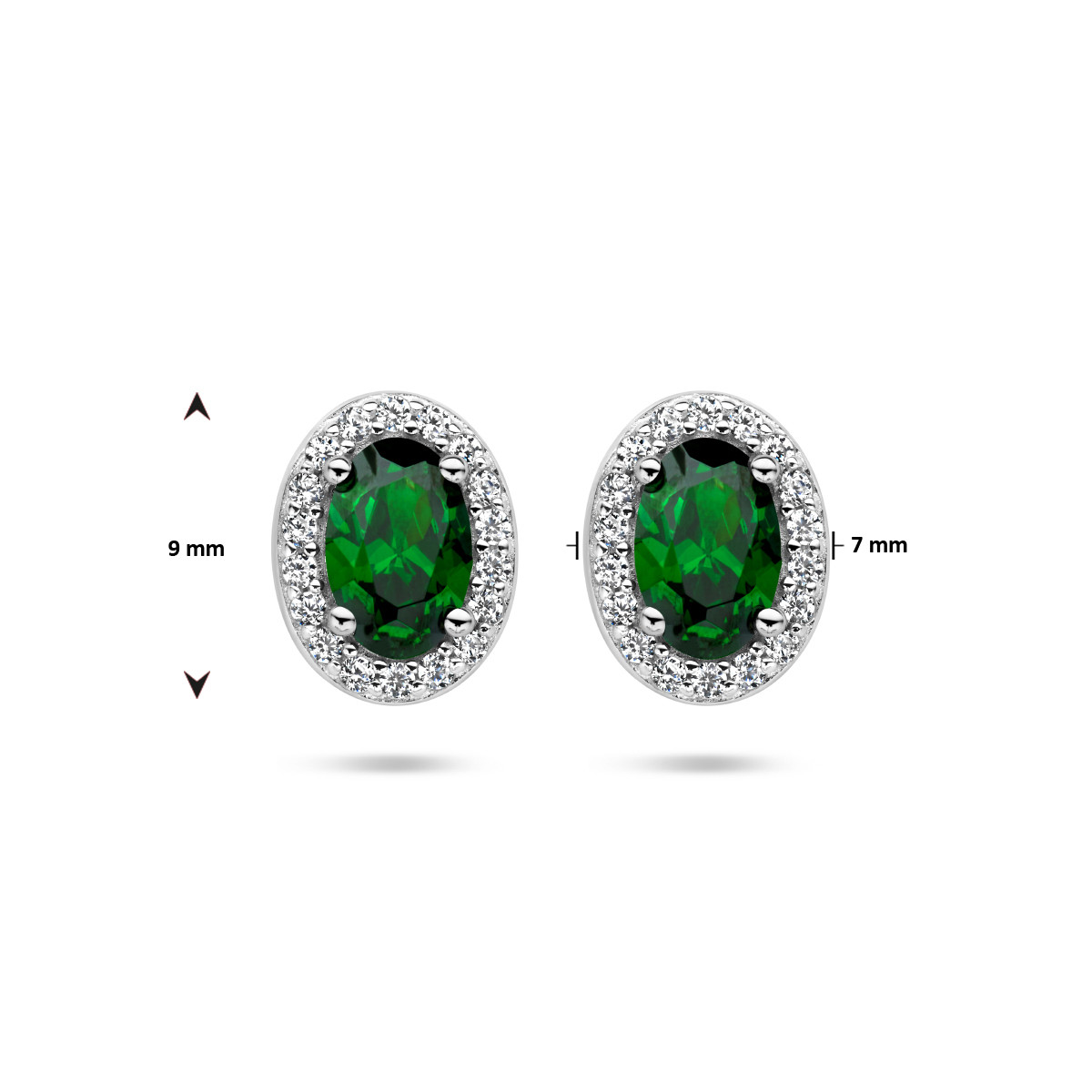 Ovale zilveren oorknopjes met groene en transparante zirkonia halo 7 mm breed - Hoogte 9 mm
