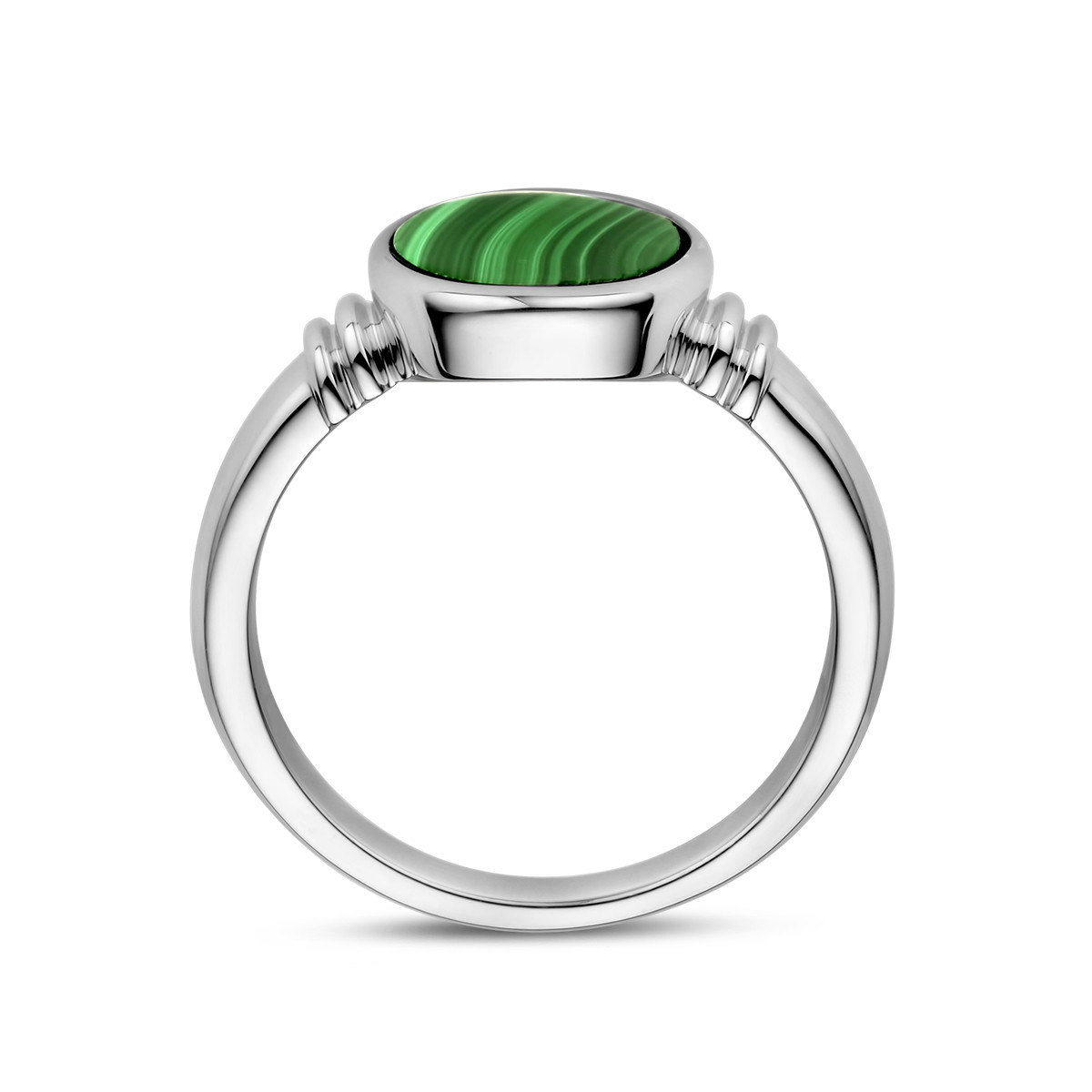 Ovale zilveren zegelring met groene malachiet steen 12.5 mm breed
