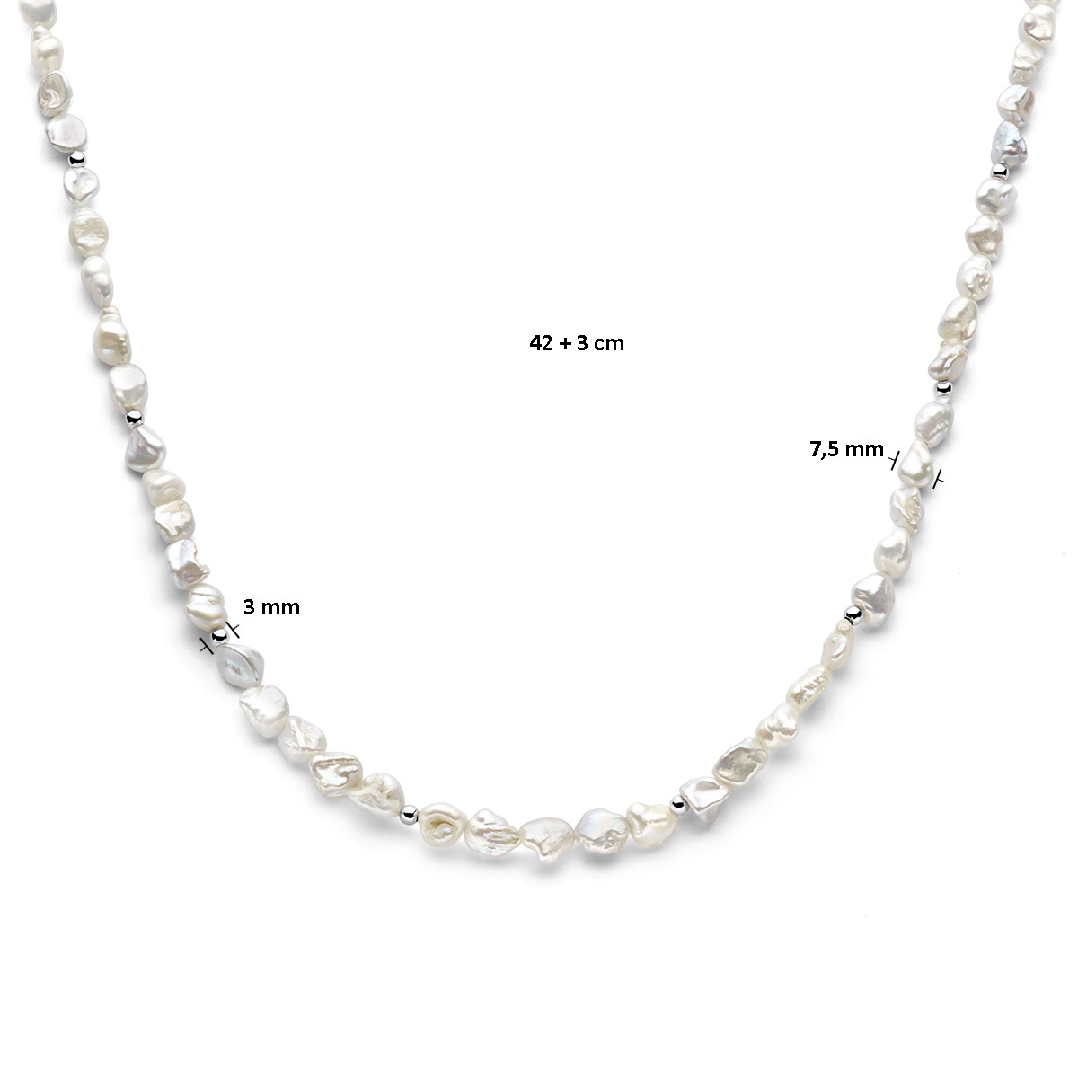Parelketting met barokke parels en zilveren bolletjes - Lengte 42-45 cm