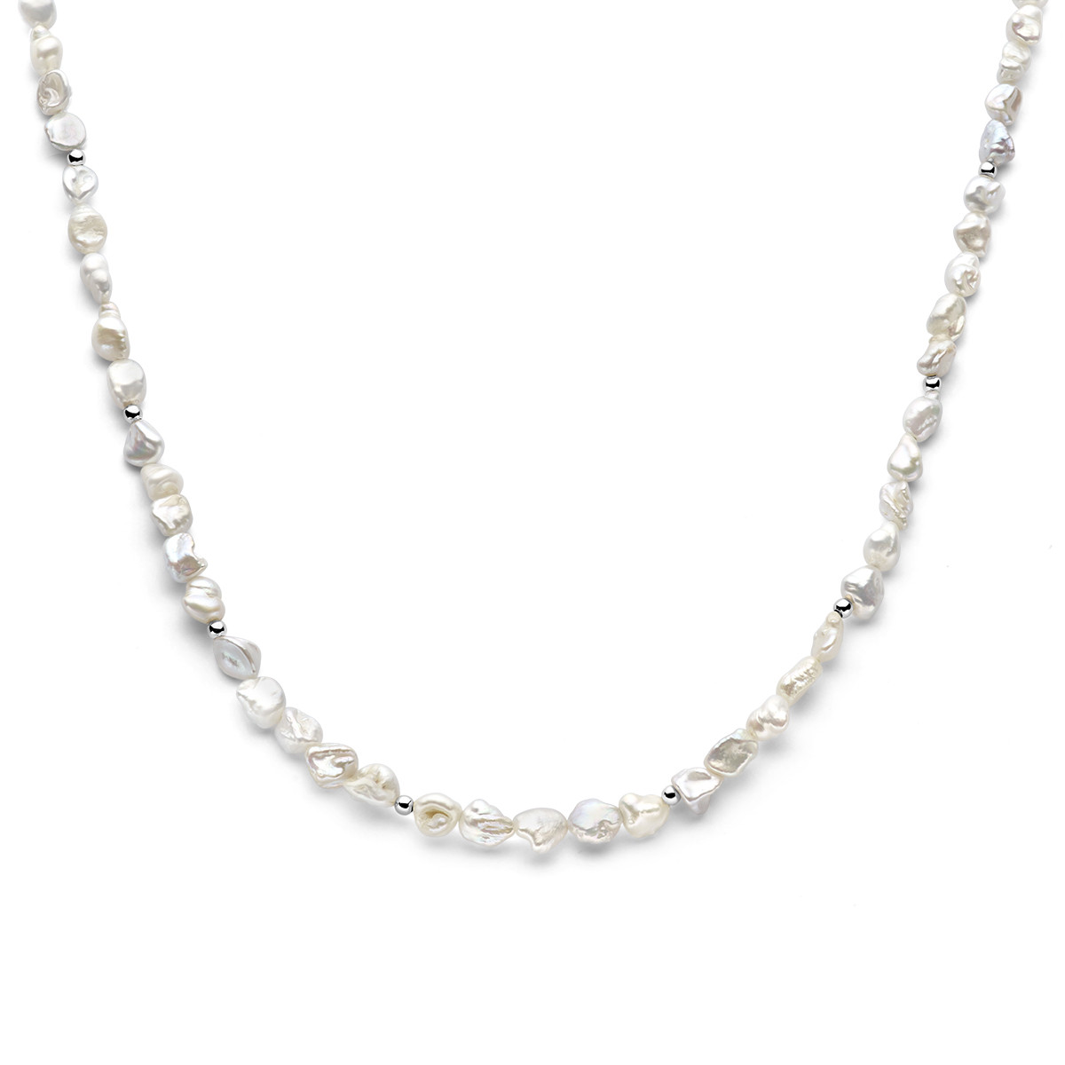 Parelketting met barokke parels en zilveren bolletjes - Lengte 42-45 cm