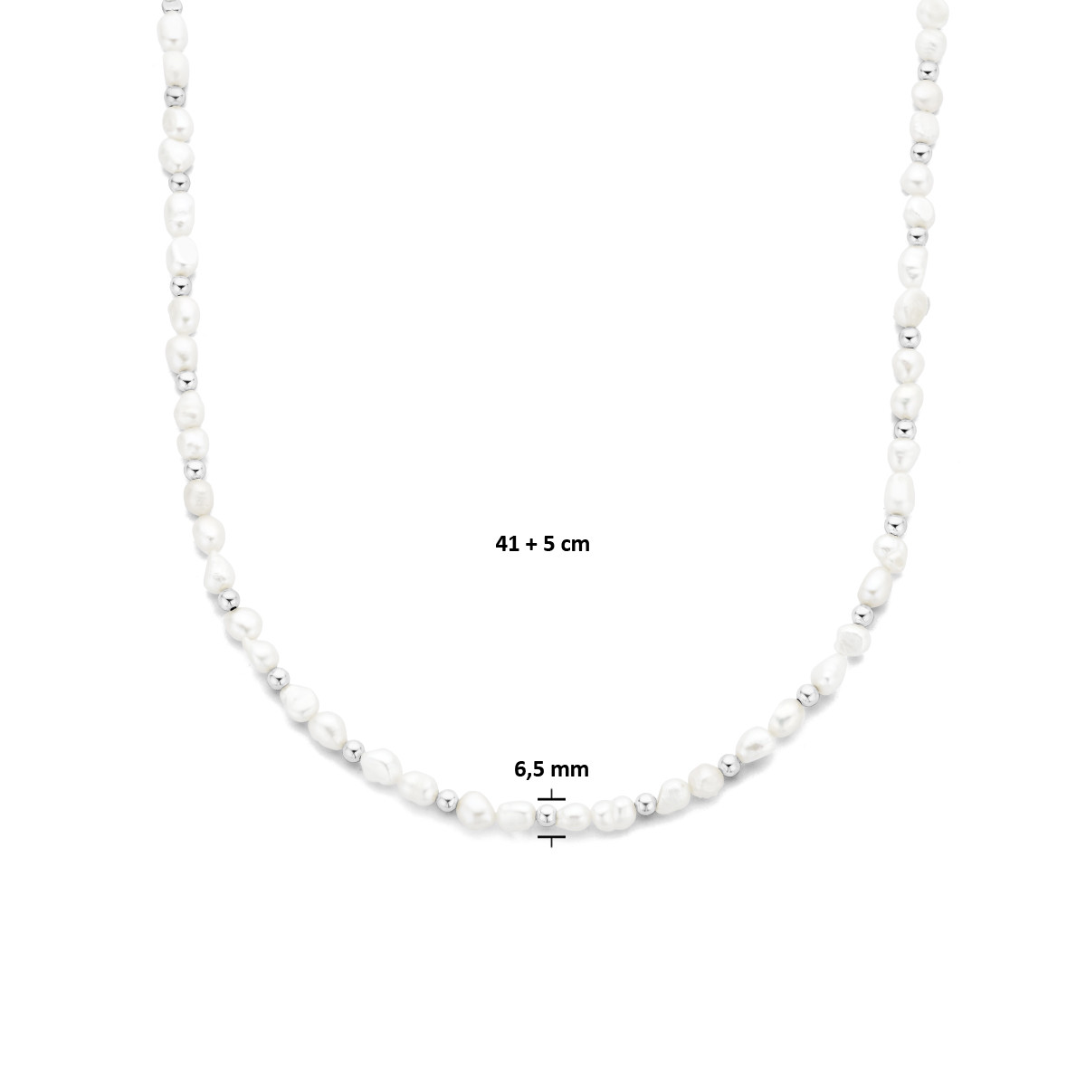 Parelketting met zilveren bolletjes 6.5 mm breed - Lengte 41 + 5 cm