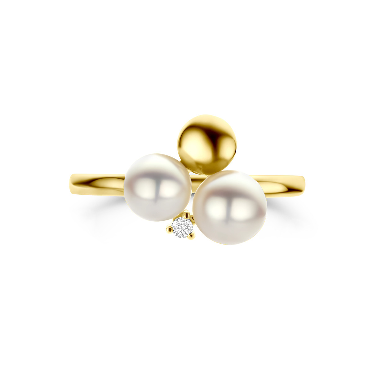 14-karaat gouden parel en diamanten ring met 0.02 crt diamant 11 mm breed
