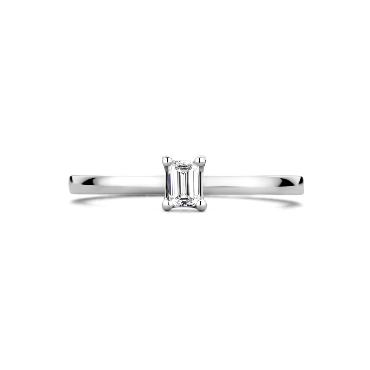 Platina solitaire ring met rechthoekige diamant 0.15 crt