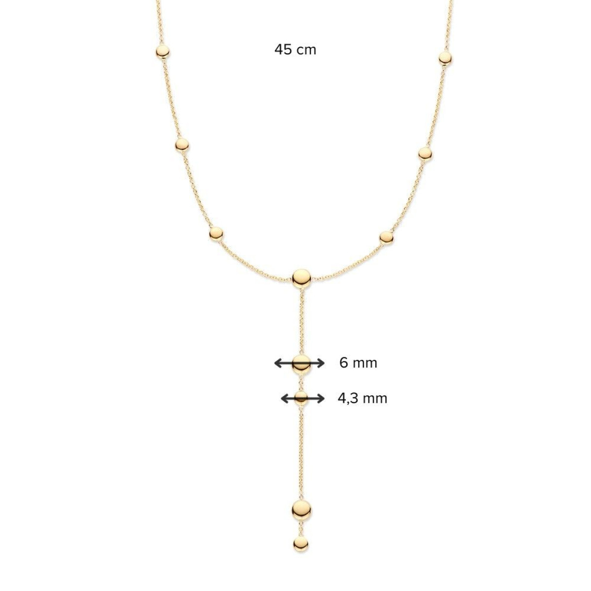 Prachtig gouden Y-collier versierd met rondjes in verschillende groottes - Lengte 45 cm