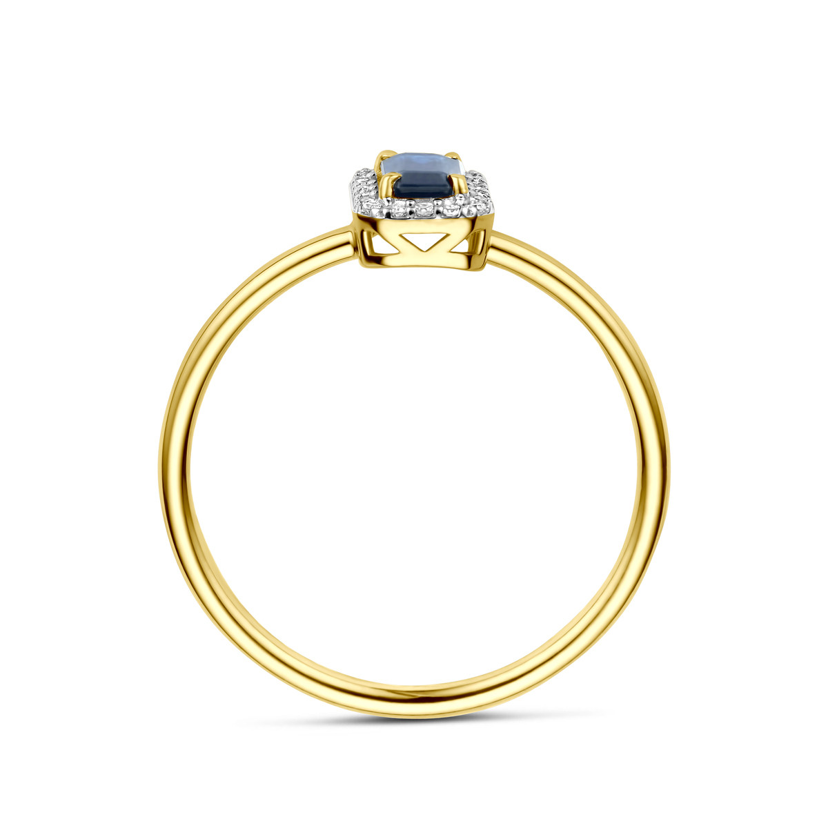 Rechthoekige 14-karaat gouden halo ring met saffier en diamanten 0.06 crt 5 mm breed