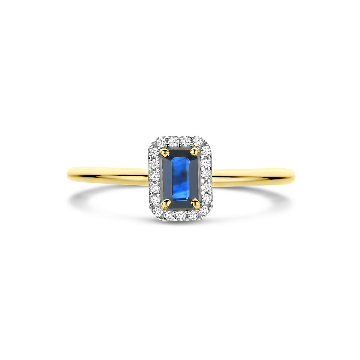 Rechthoekige 14-karaat gouden halo ring met saffier en diamanten 0.06 crt 5 mm breed