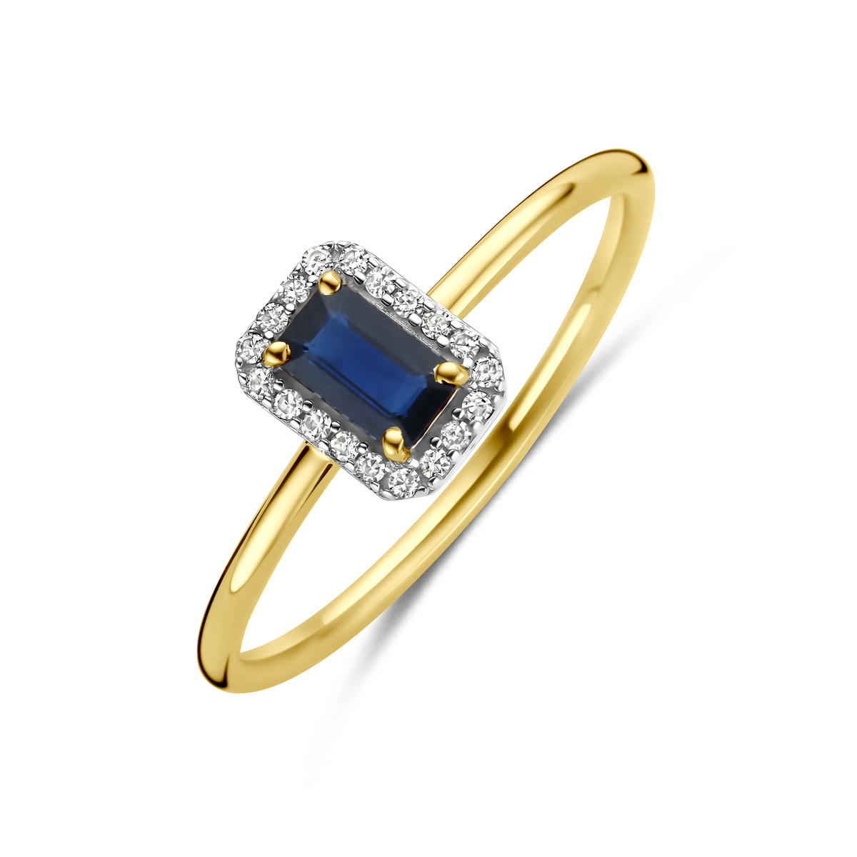 Rechthoekige 14-karaat gouden halo ring met saffier en diamanten 0.06 crt 5 mm breed