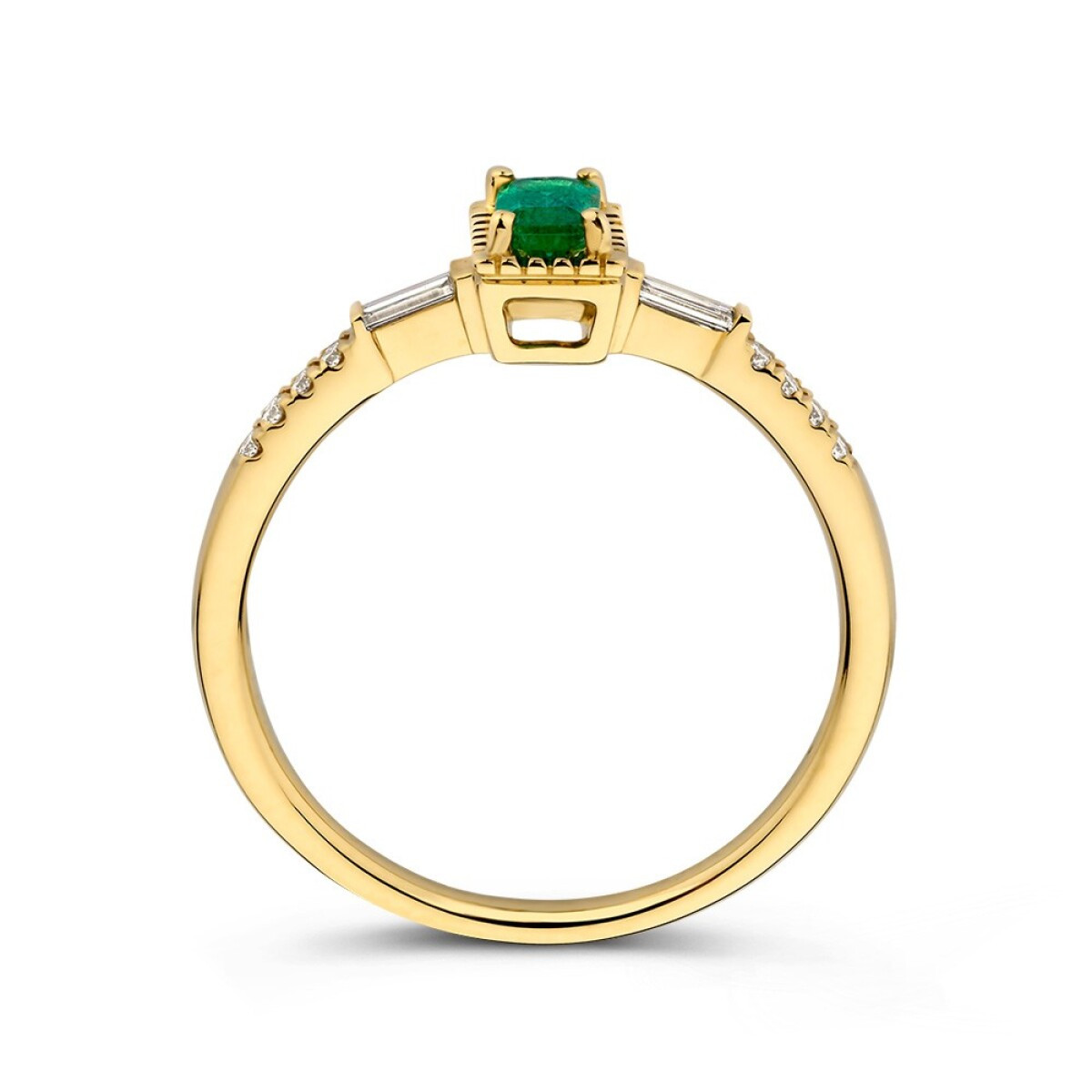 Rechthoekige gouden ring met groene smaragd en diamanten 0.11 crt 6.5 mm breed