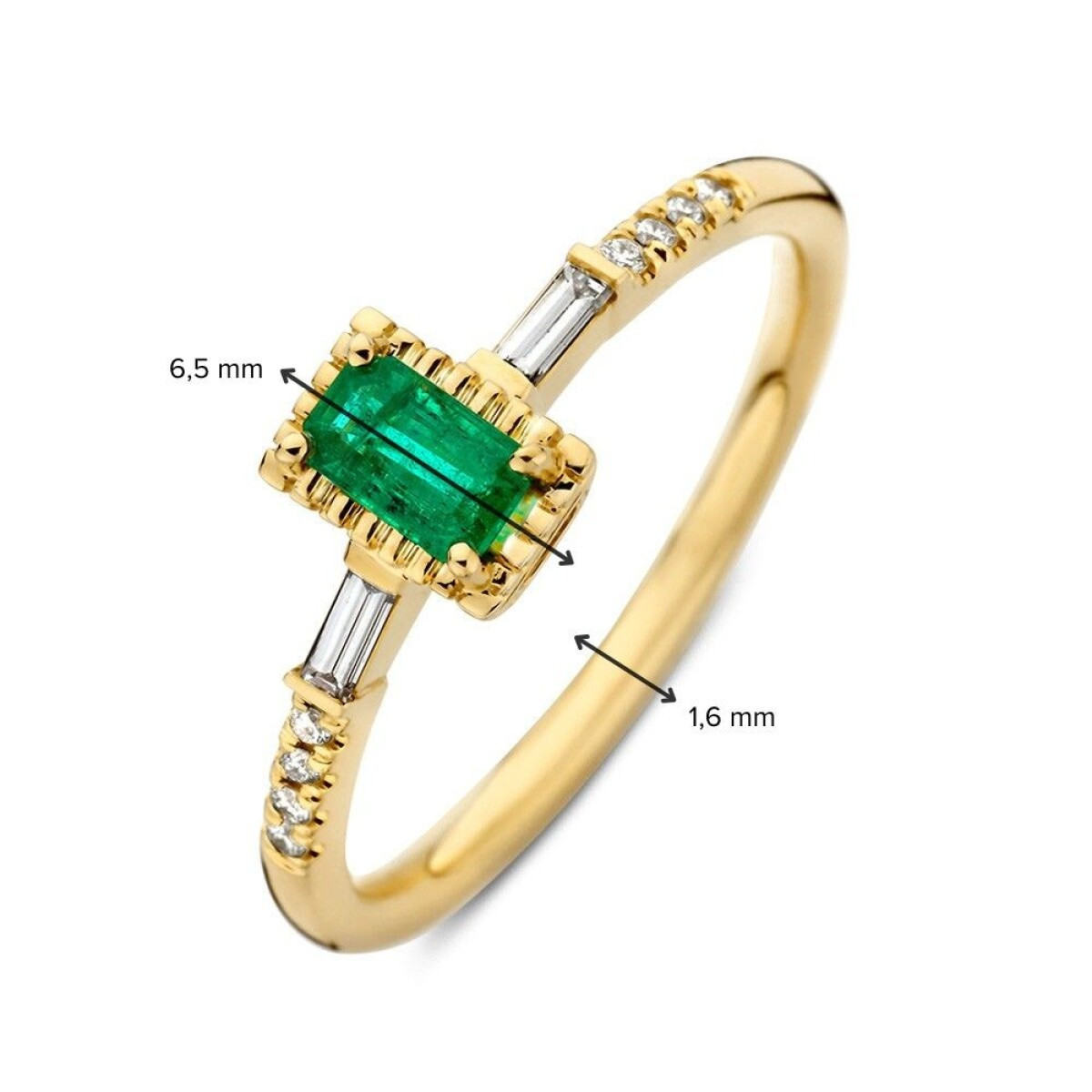 Rechthoekige gouden ring met groene smaragd en diamanten 0.11 crt 6.5 mm breed