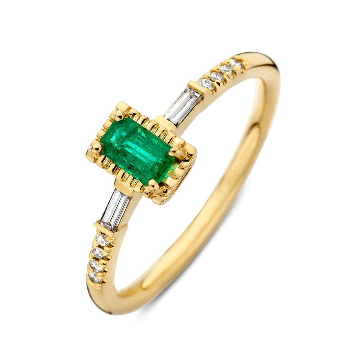 Rechthoekige gouden ring met groene smaragd en diamanten 0.11 crt 6.5 mm breed