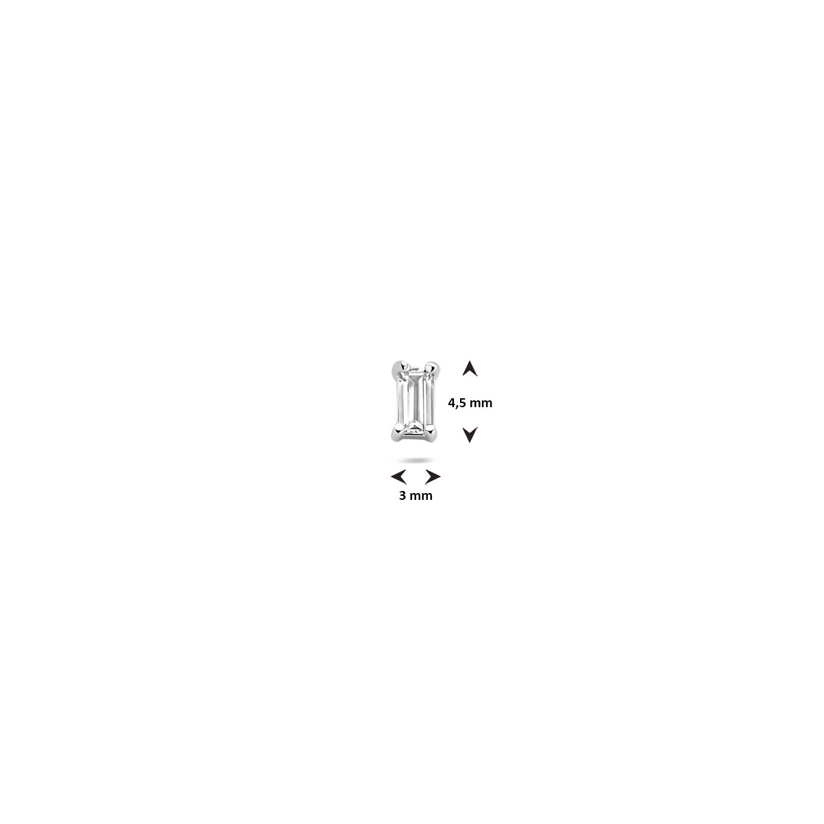 Rechthoekige zilveren oor piercing flatback met transparante zirkonia 3 mm breed - Hoogte 4.5 mm - Per stuk