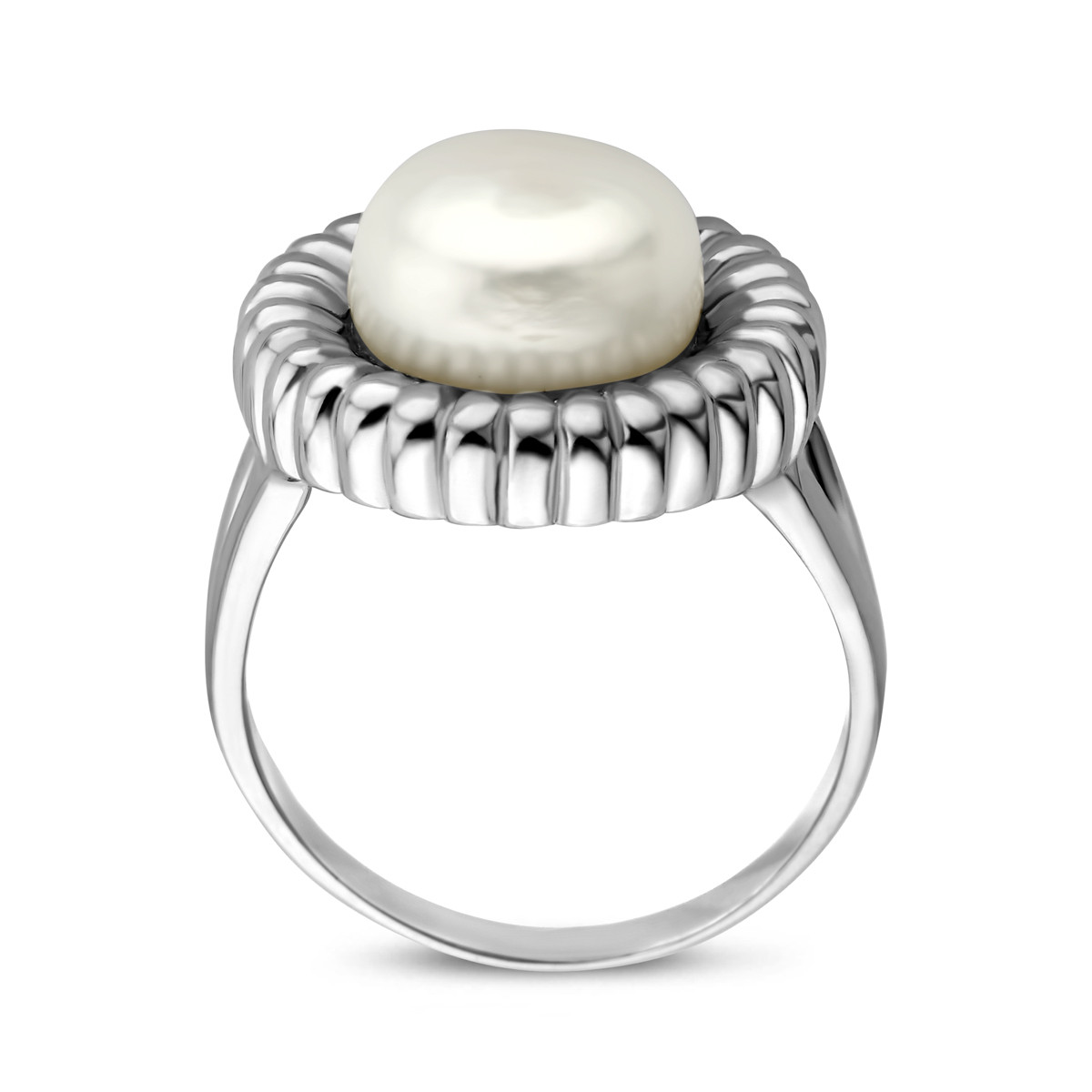 Parel ring met zilveren geribbelde rand gerhodineerd 16.5 mm breed