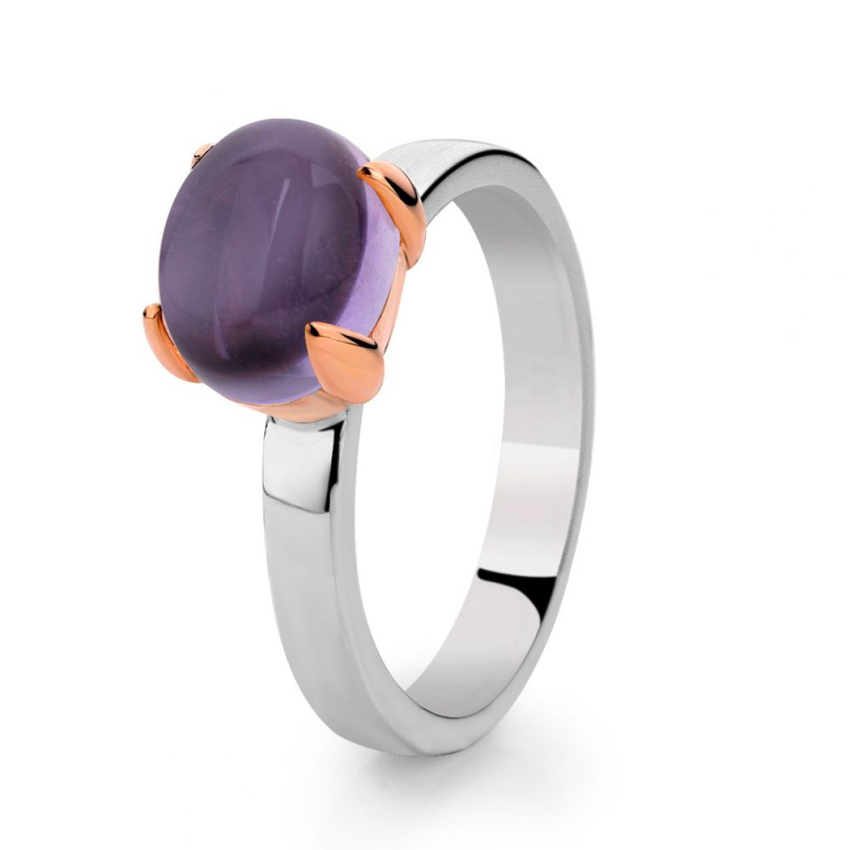 Ring gerhodineerd zilver en roségoud ronde amethist