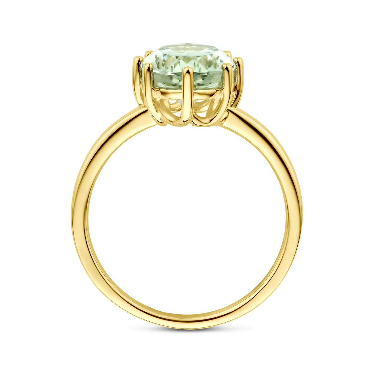 14-karaat gouden ring met ovale groene amethist in klauwzetting 8 mm breed