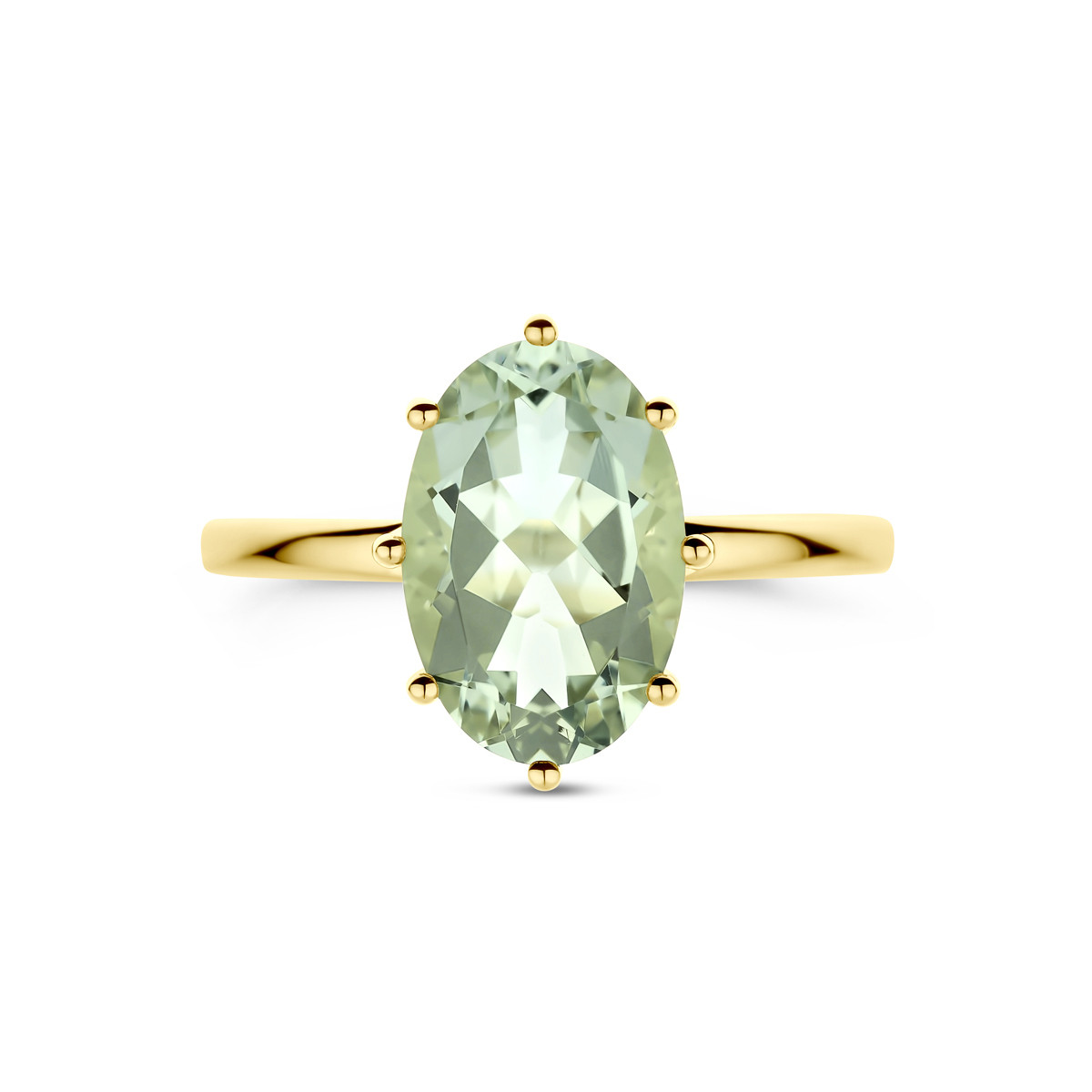14-karaat gouden ring met ovale groene amethist in klauwzetting 8 mm breed