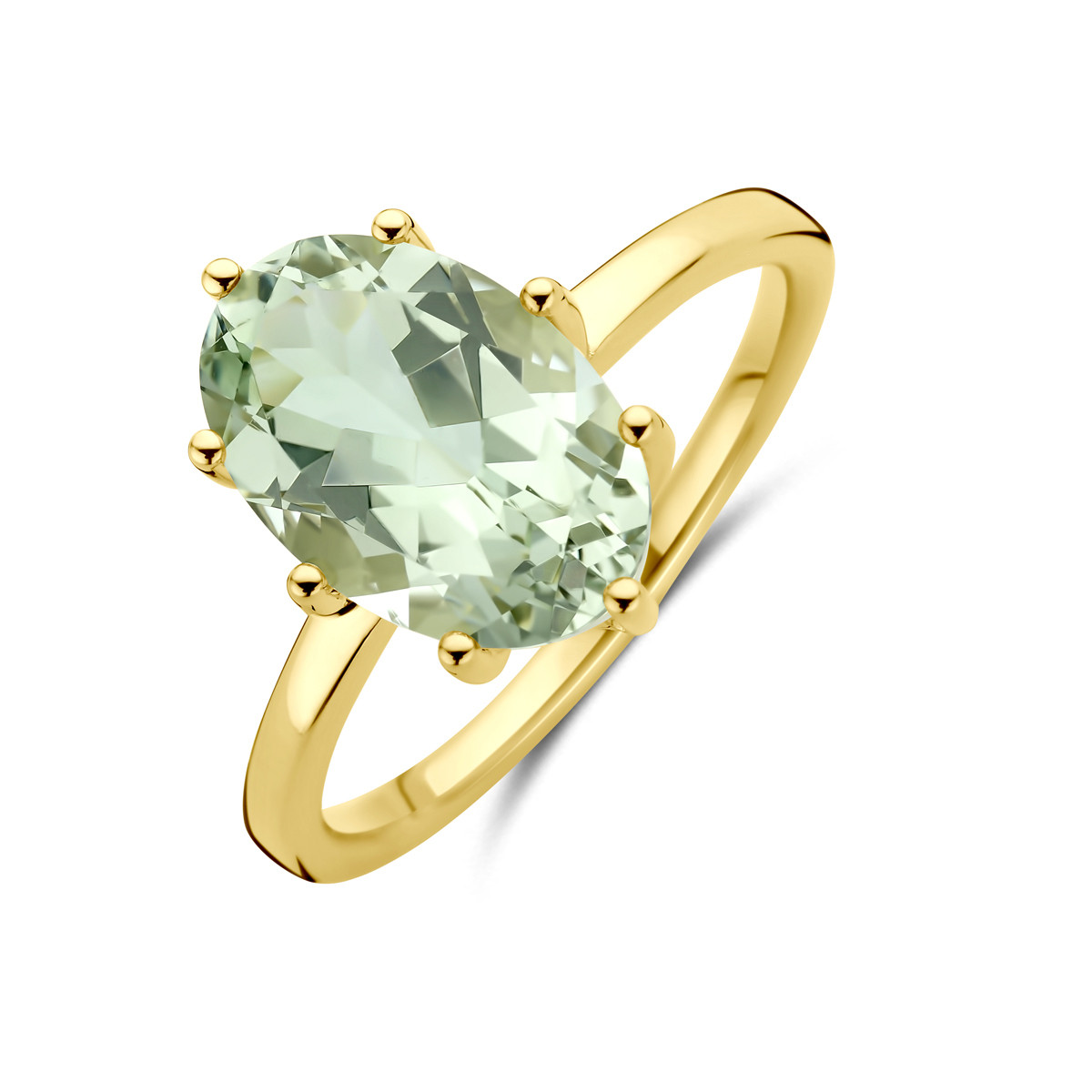 14-karaat gouden ring met ovale groene amethist in klauwzetting 8 mm breed