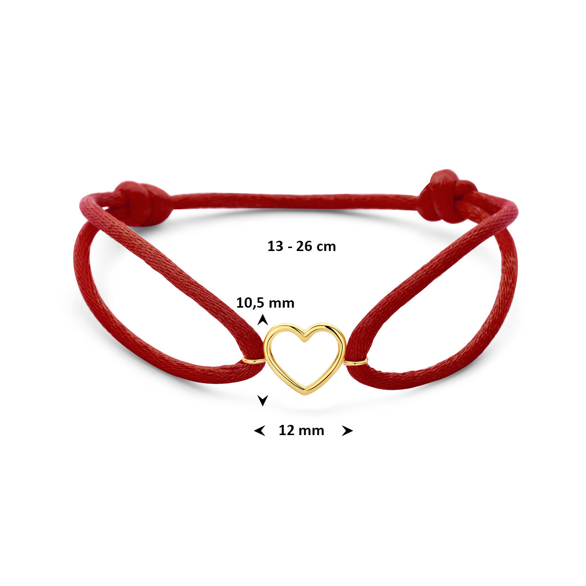 Rode satijnen armband met gouden hartje 14-karaat 12 mm breed - Lengte 13-26 cm