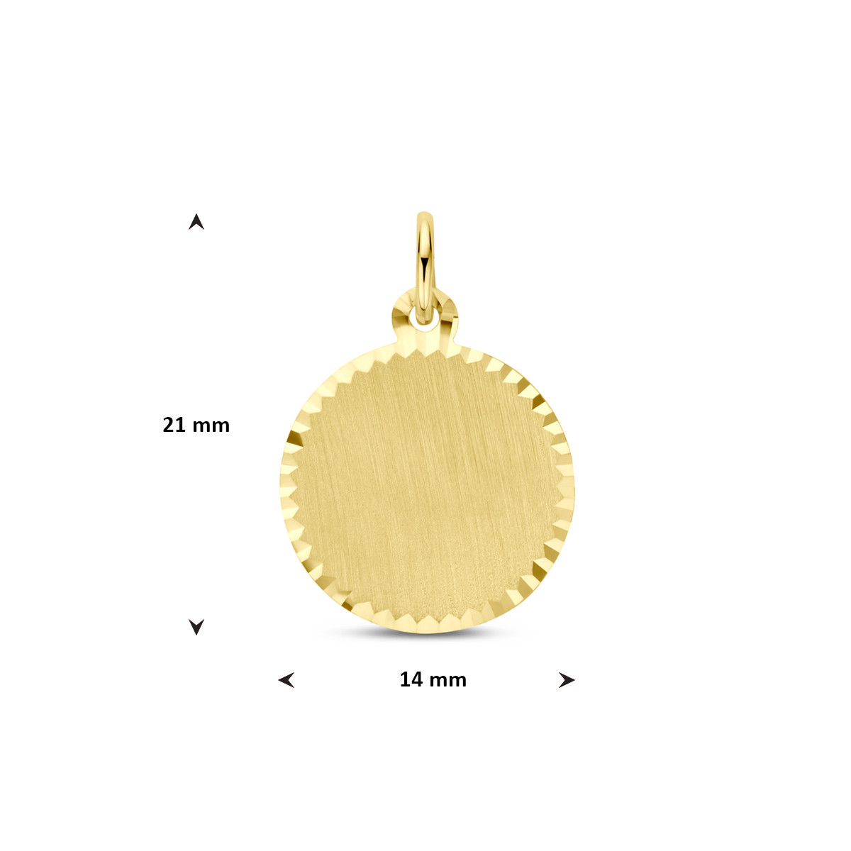Ronde 14-karaat gouden graveerhanger mat met glanzende rand 14 mm breed - Hoogte 21 mm
