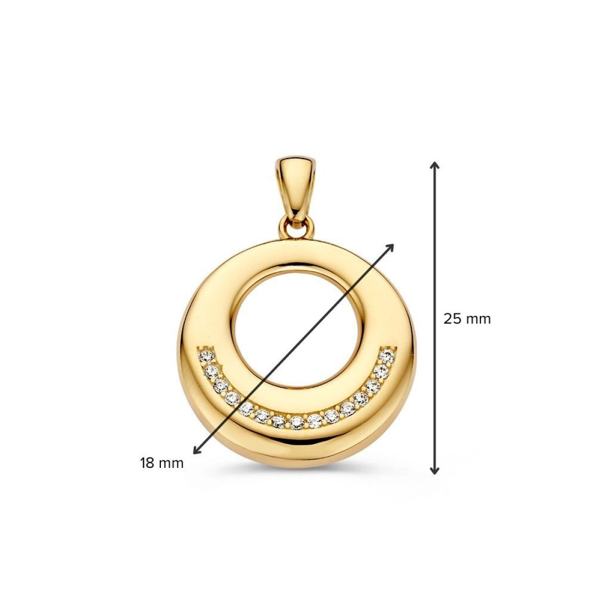 Ronde 14-karaat gouden hanger met transparante zirkonia - Diameter 18 mm