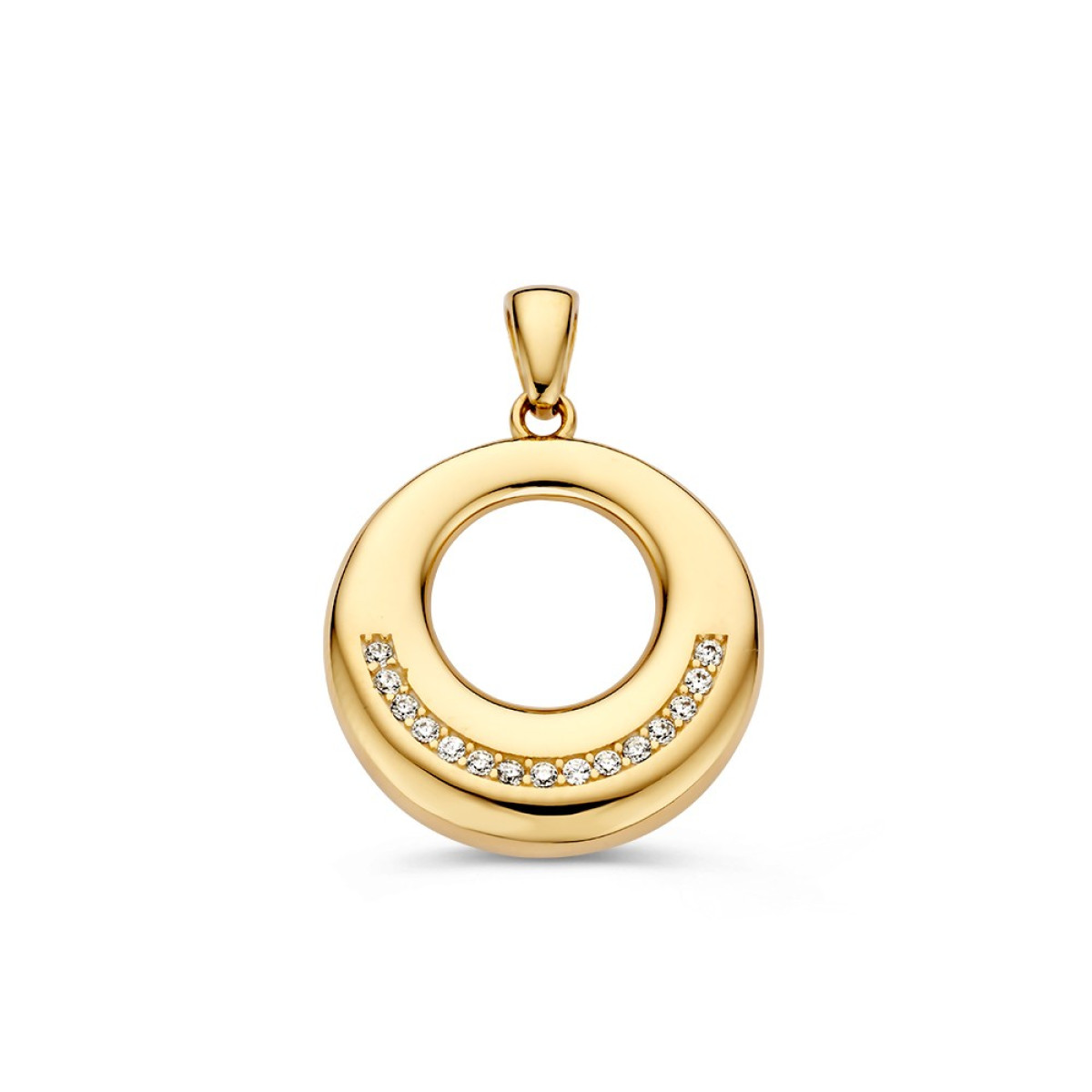 Ronde 14-karaat gouden hanger met transparante zirkonia - Diameter 18 mm