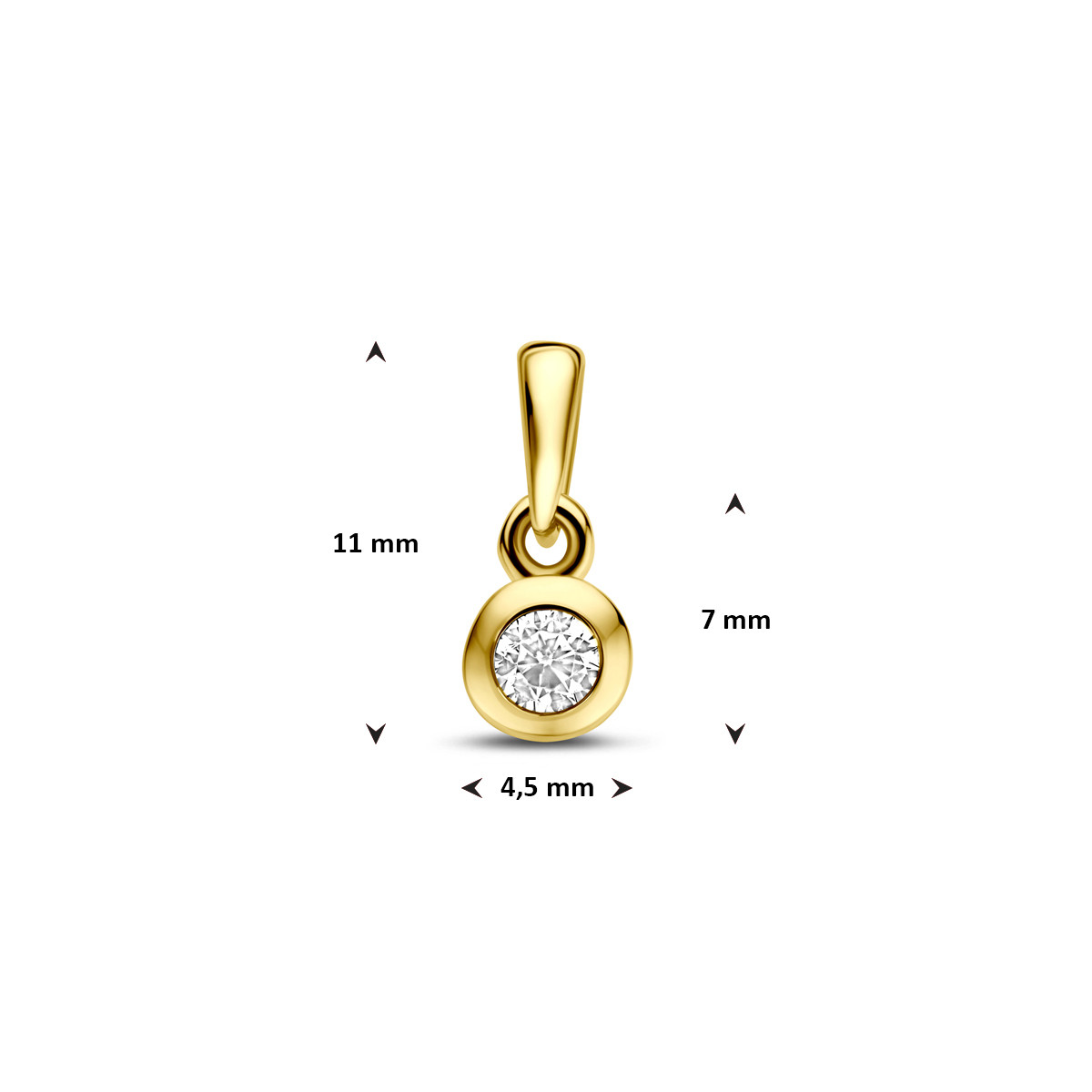 Ronde gouden hanger 14-karaat met transparante zirkonia 4.5 mm breed - Hoogte 11 mm