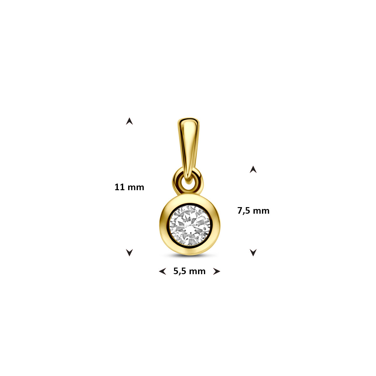Ronde gouden hanger 14-karaat met transparante zirkonia 5.5 mm breed - Hoogte 11 mm