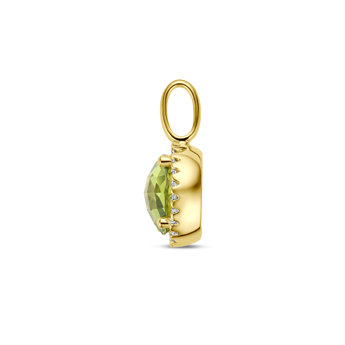 Ronde gouden hanger groene peridot en diamant 0.09 crt - Diameter 10.5 mm