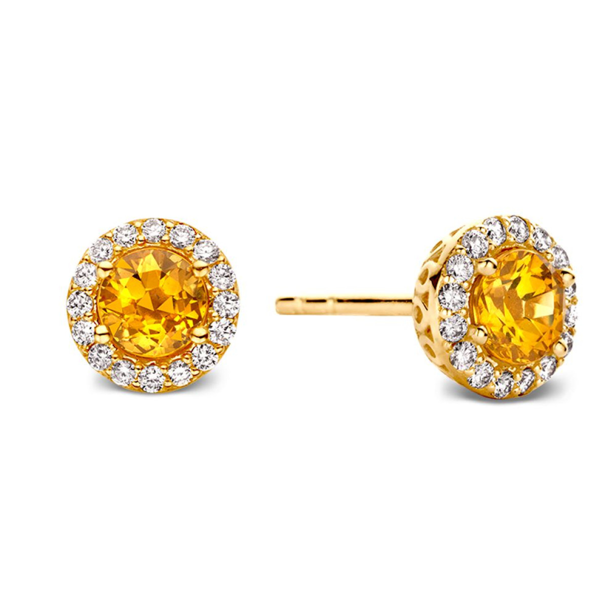 Ronde gouden oorknopjes met oranje saffier 0.90 crt en diamanten 0.22 crt - Diameter 7 mm