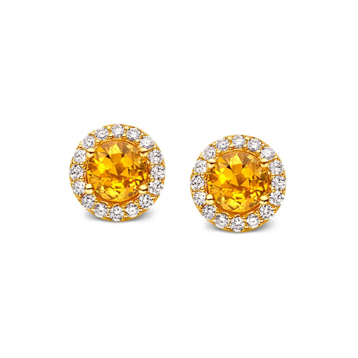 Ronde gouden oorknopjes met oranje saffier 0.90 crt en diamanten 0.22 crt - Diameter 7 mm