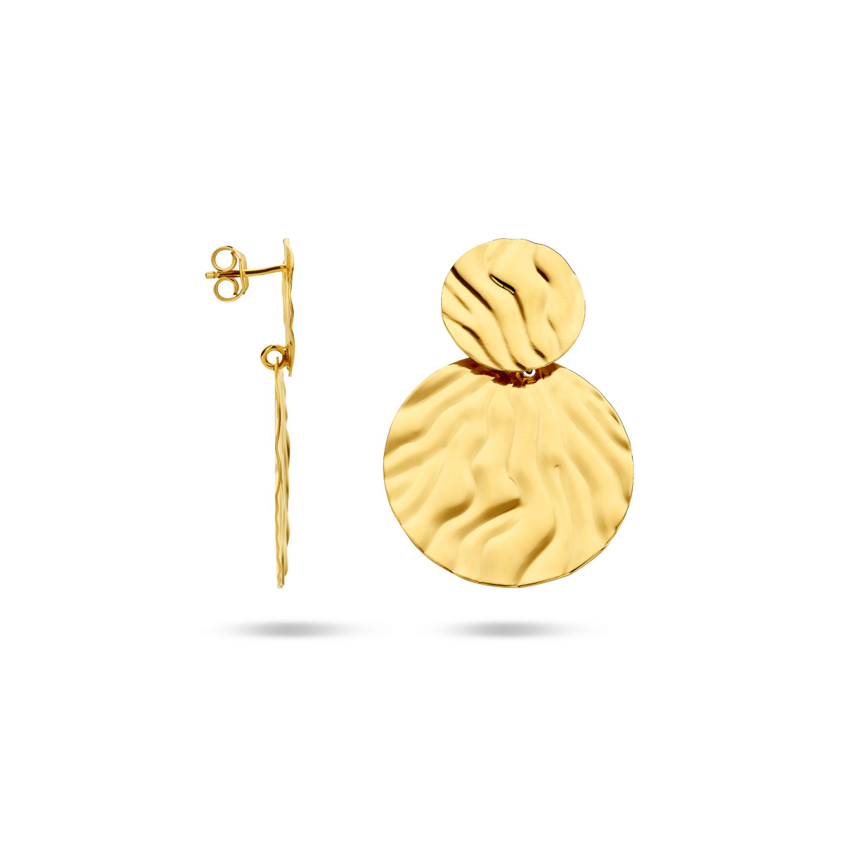Ronde gold plated oorhangers met gestreept reliëf - Hoogte 40 mm