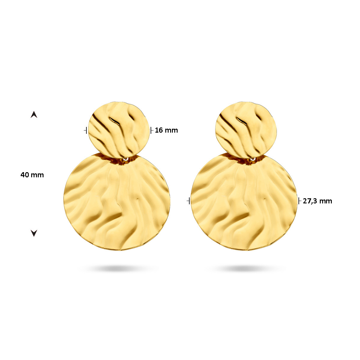 Ronde gold plated oorhangers met gestreept reliëf - Hoogte 40 mm