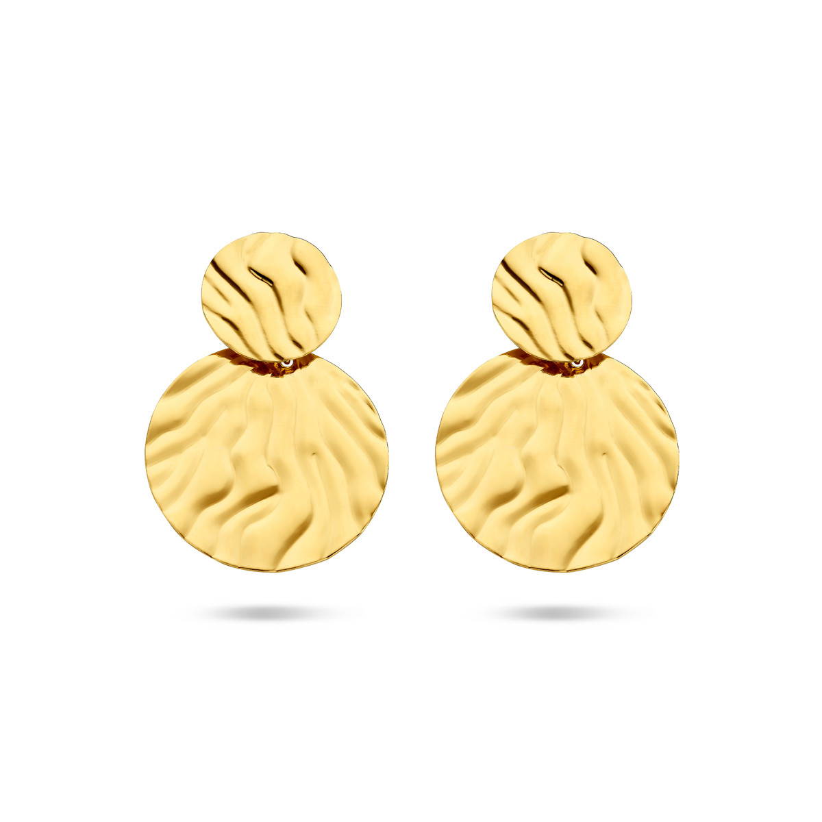 Ronde gold plated oorhangers met gestreept reliëf - Hoogte 40 mm