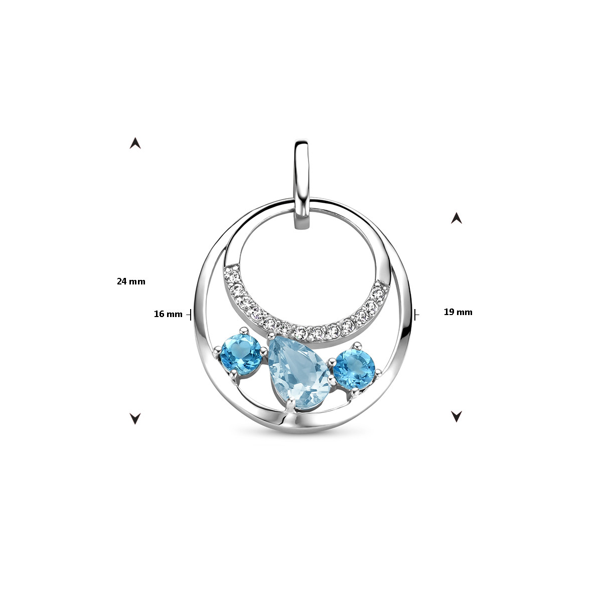 Ronde zilveren hanger met blauwe topaas en zirkonia - 16 mm x 24 mm