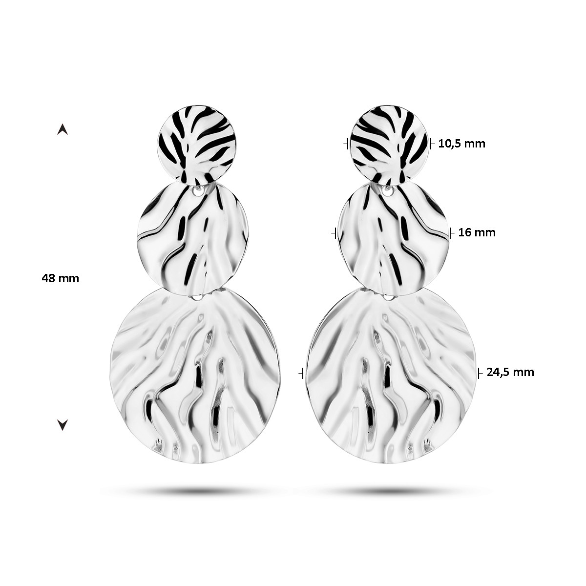 Zilveren oorhangers met drie rondjes en reliëf - 48 mm