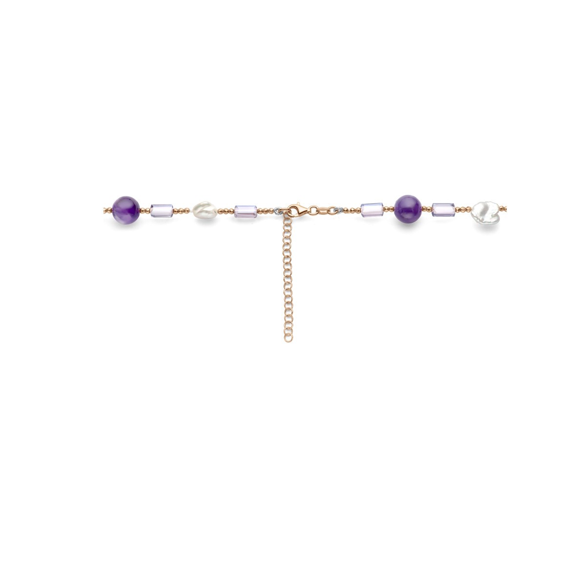 Roségoud plated ketting met parels en paarse agaat en hematiet - Lengte 45-48 cm