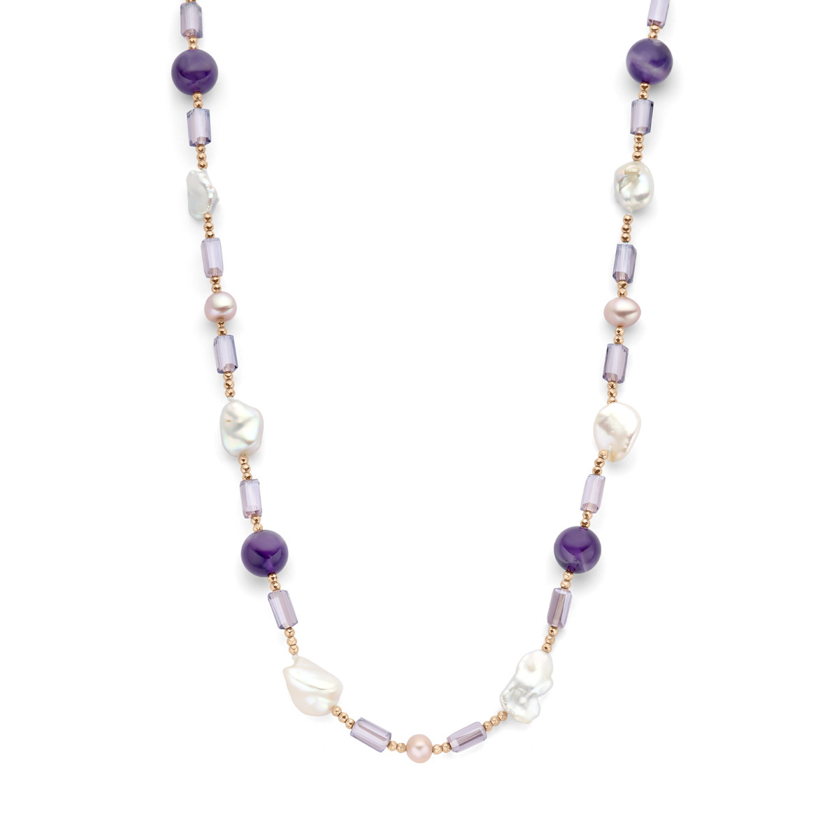 Roségoud plated ketting met parels en paarse agaat en hematiet - Lengte 45-48 cm