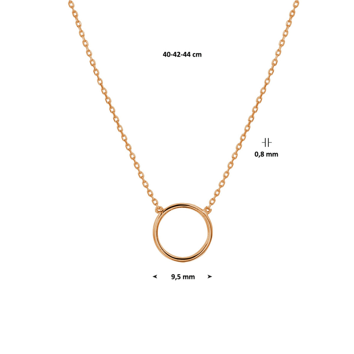 Roségouden ketting met open ronde hanger van 9.5 mm - Lengte 40-42-44 cm