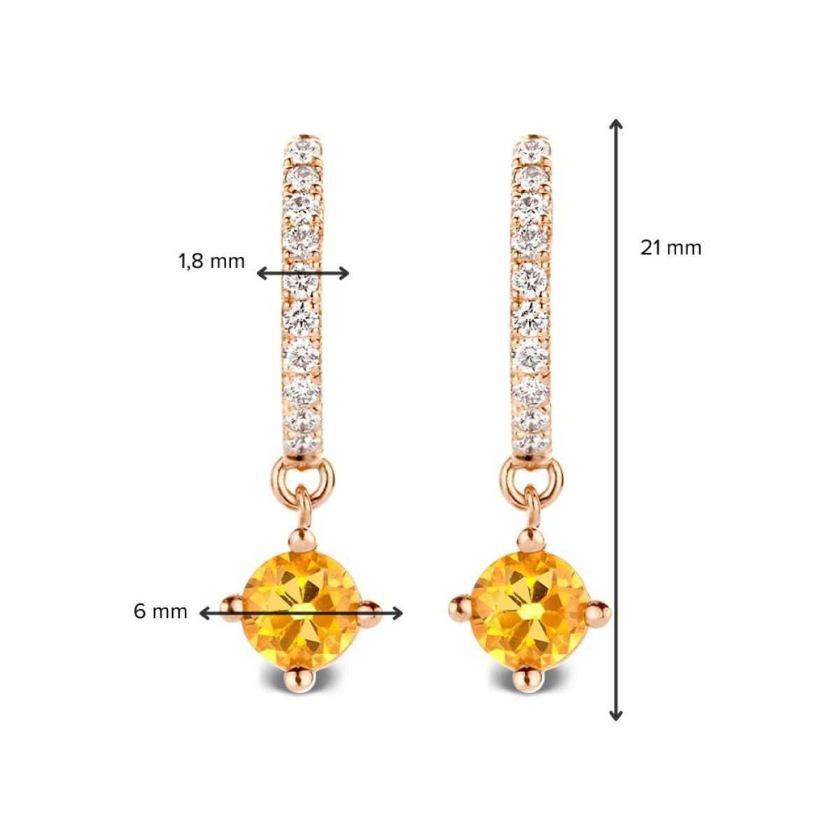Roségouden klapoorringen met diamanten en oranje saffieren hangers - Hoogte 21 mm