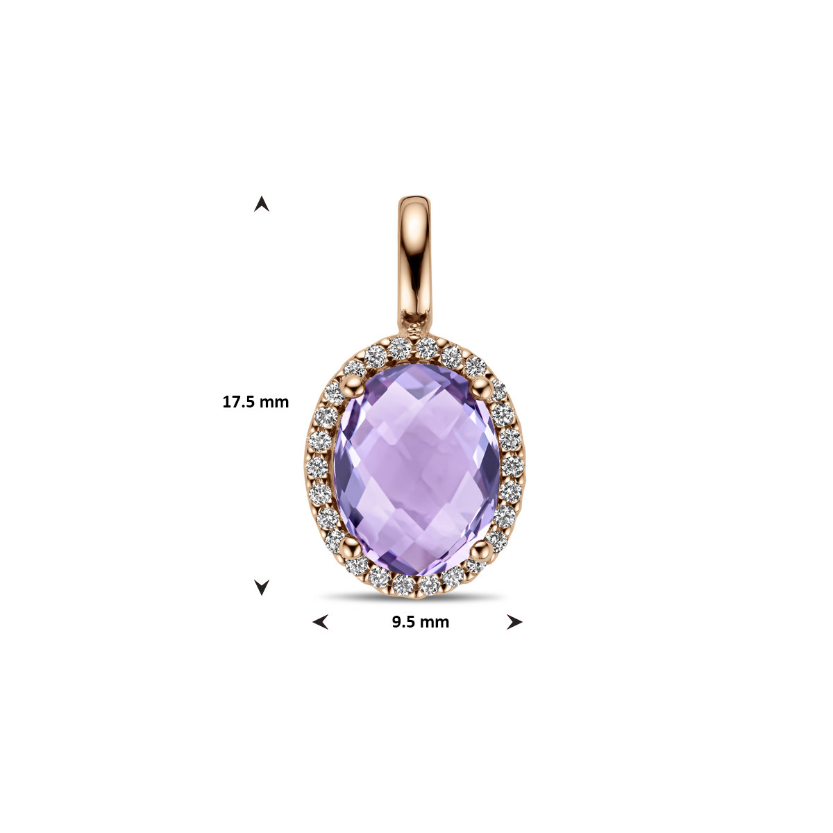 Roségouden ovale hanger met paarse amethist en diamant 0.10 crt - 9.5 mm x 17.5 mm