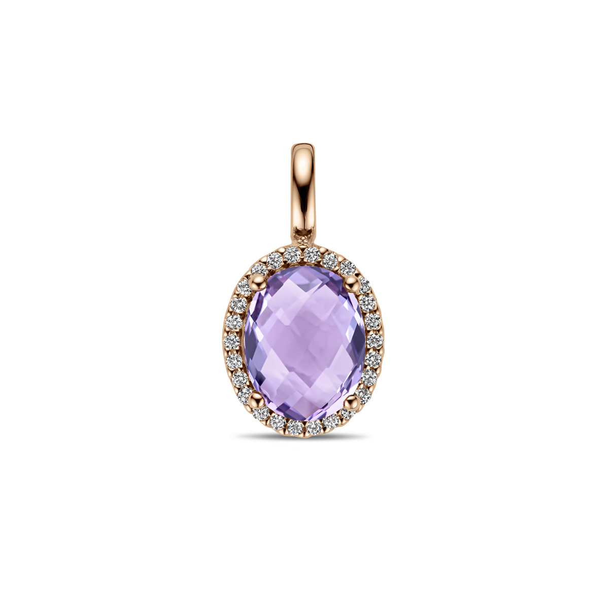 Roségouden ovale hanger met paarse amethist en diamant 0.10 crt - 9.5 mm x 17.5 mm