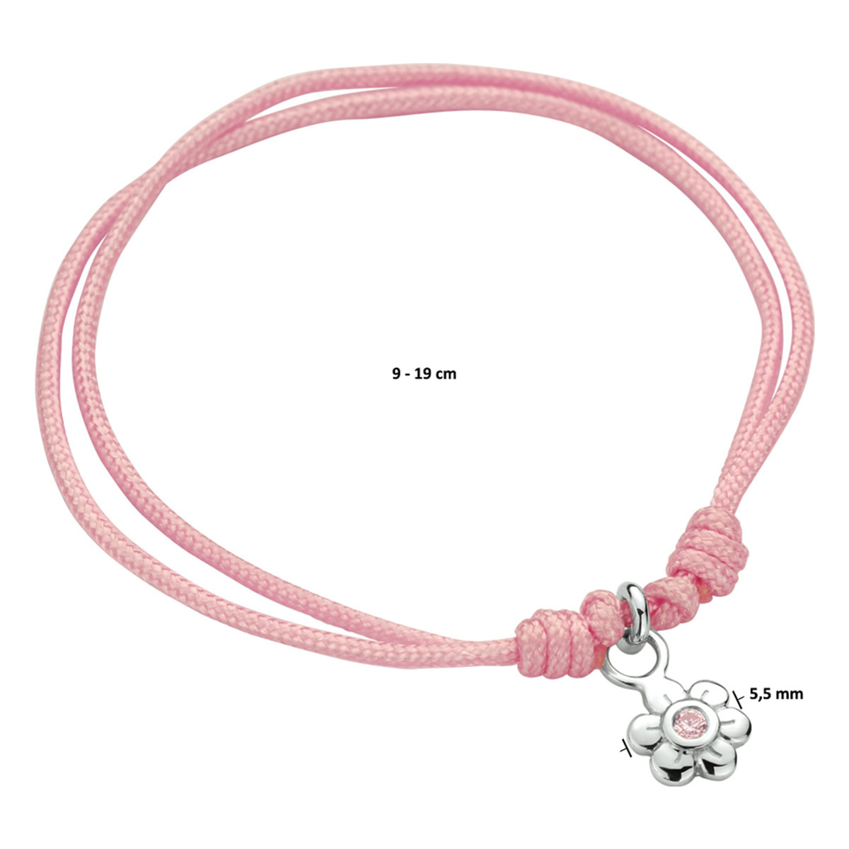 Roze gevlochten kinderarmband met bloemetje en roze zirkonia - Lengte 9 - 19 cm
